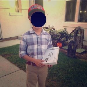 Boy’s bluish grey plaid button down